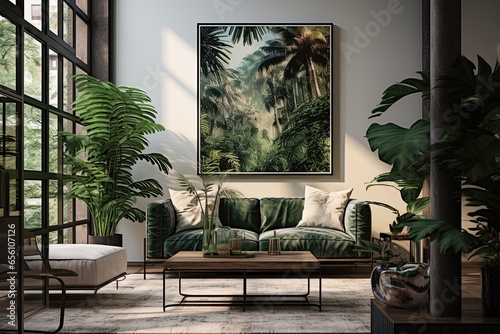 In a modern, Scandinavian-inspired living room, the interior design exudes comfort and style. A white sofa, wooden furniture, green plants, and cozy decor create a welcoming, natural ambiance.