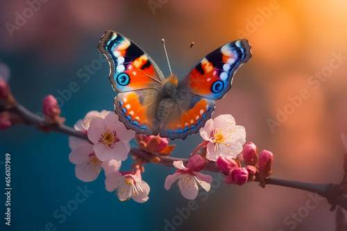 The butterfly is sitting on Pink cherry blossoms branch on the blurred blue sky background. Long banner with Spring flowers of cherries tree.
