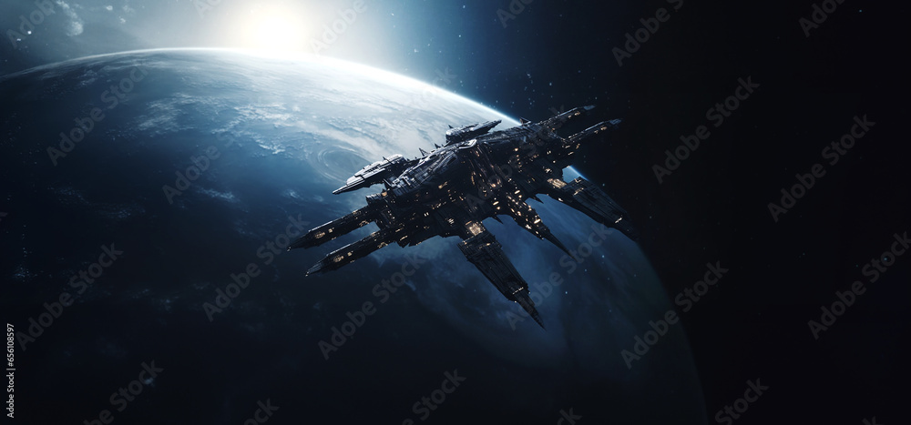 Gothic spaceship with dark and sharp colors flying in the space over the planet earth. Cinematic photography