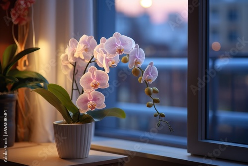 flower and leaves of the phalaenopsis orchid in a flower pot on the windowsill in the house. Care of a houseplant. Home garden. Room interior decoration