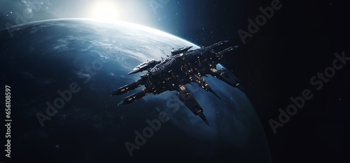 Gothic spaceship with dark and sharp colors flying in the space over the planet earth. Cinematic photography © Loucine