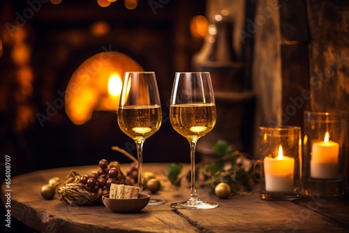 Canvas Print An elegant glass of golden Sherry wine, beautifully illuminated by soft candleli