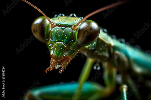 Close up of a green praying mantis isolated on black background with water drops, macro lens photography