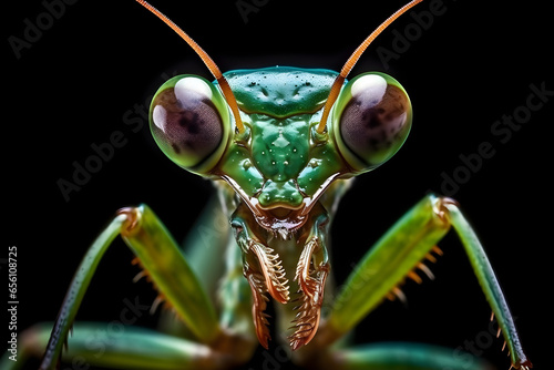 Close up of a green praying mantis isolated on black background with water drops, macro lens photography photo