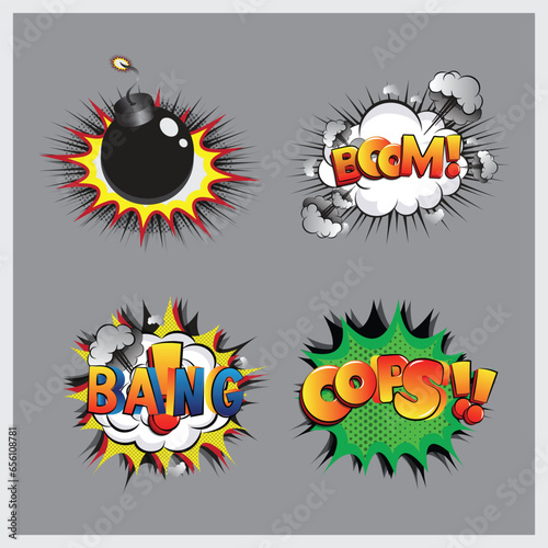 Vector colorful template of comic book page with various speech bubbles, rays, stars, dots, halftone background