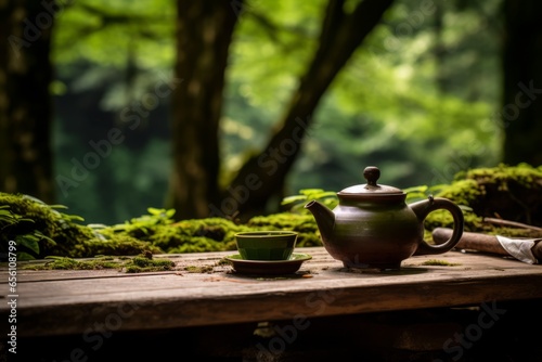 A steaming cup of oolong tea sits on a rustic wooden table, surrounded by loose tea leaves, a traditional teapot, and a serene outdoor backdrop