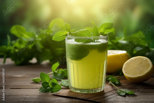A refreshing glass of homemade honeydew juice, garnished with a mint leaf, placed on a rustic wooden table in soft, warm sunlight