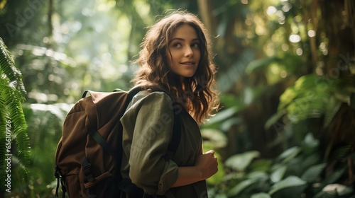 A beautiful Latin woman traveler with backpack marveling at the vibrant foliage of an Amazon rainforest. generative AI