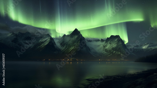 Small town at the foot of the mountain with a night sky illuminated by the northern lights, aurora borealis