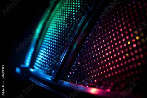 Close up speaker colorful membrance isolated on black background, Sound audio, defocused lights and shadow, Classical music photo