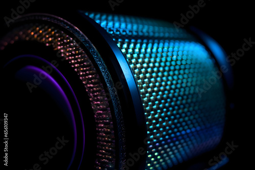 Close up speaker colorful membrance isolated on black background, Sound audio, defocused lights and shadow, Classical music photo
