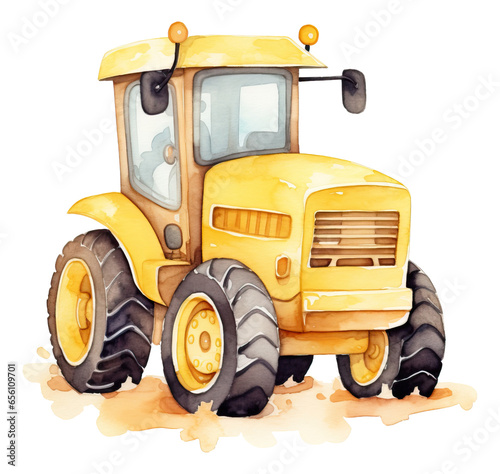 Watercolor yellow tractor vehicle isolated.