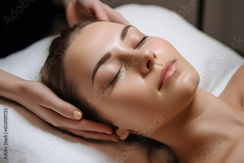 Close-up of a beautiful young woman having a head or face massage in a spa salon wellness  Beauty healthy lifestyle and relaxation concept