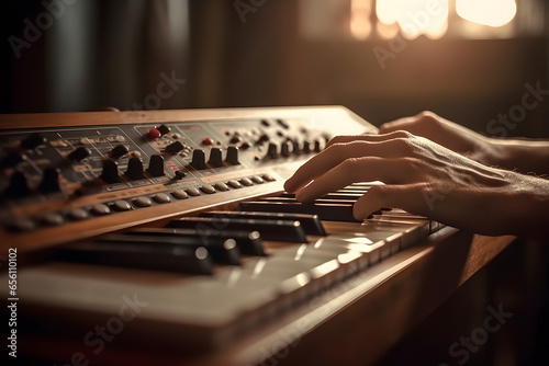 Close-up of hands of a musician playing on a synthesizer, music learning, talent, hobby, entertainment, festival, performance, ad concept