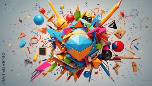 Illustration of numerous components and colorful shapes filling the image and taking form, representing the educational sector as a school.