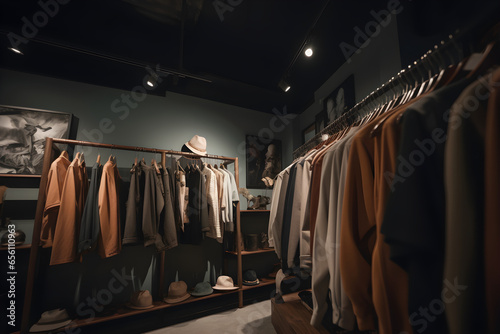 Clothes hanging on a hanger in a fashion store. Creative composition, Modern interior design, presentation, studio, store fashion