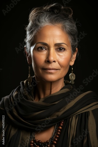 An elegant middle-aged Indian woman wearing a colorful scarf around her neck