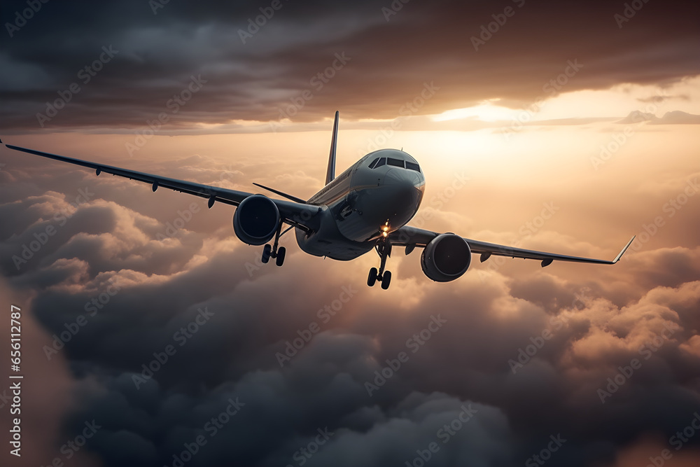 Commercial airplane flying above clouds at sunset. fast travel, transportation, holidays and business concept