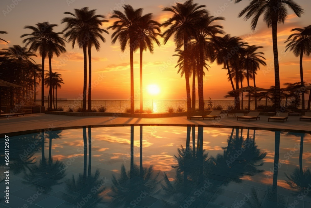 Sunset at beach with palm trees near swimming pool
