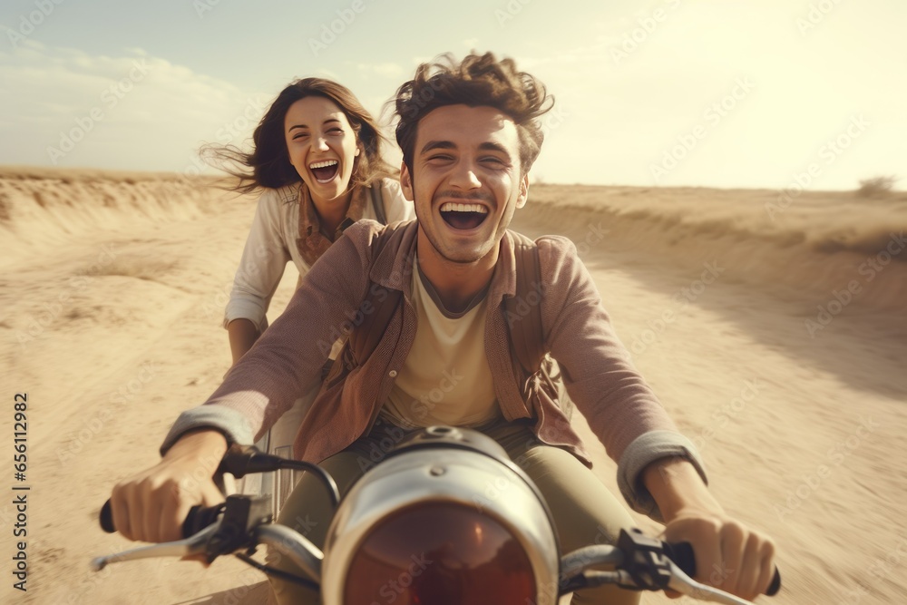 Happy man riding on lady in sand stock photo