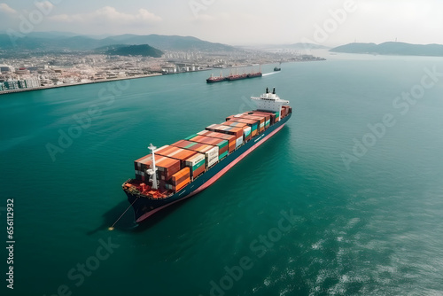 Container Cargo freight ship for Logistic Import Export background. 3d rendering, heavy industry, transportation logistic concept.