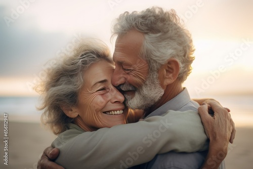 A couple of people aged hugging at the beach senior woman stock photo