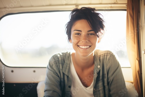 Happy young woman with short black hair seated in a car