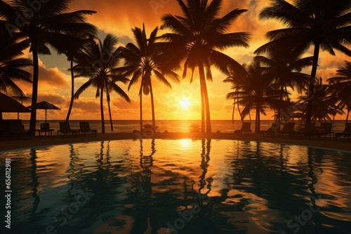 Sunset at beach with palm trees near swimming pool