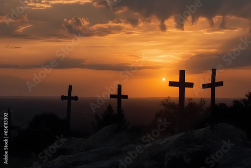 Crosses silhouetted against the setting sun in the mountains. Ash Wednesday, Good Friday, Easter Sunday, Easter Monday, All Saints Day Religious concept