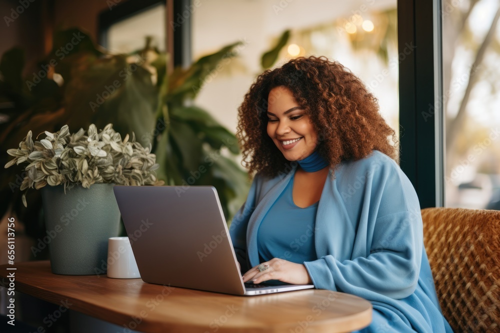 Plus size black african american woman wearing a pleasant expression smiles, engrossed in her work. Plus size black african american woman wearing a pleasant expression smiles, engrossed in her work.