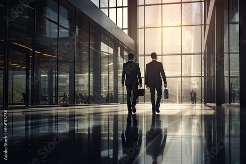 Two business partners walking in an office building, exchanging ideas and concepts. photo