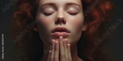 Woman enjoying a moment of relaxation  hands gently covering her closed eyes  skincare routine.