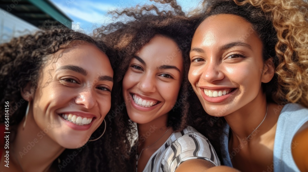 Obraz premium lively selfie of a diverse group of friends,smiling and posing together, capturing their joyful bond