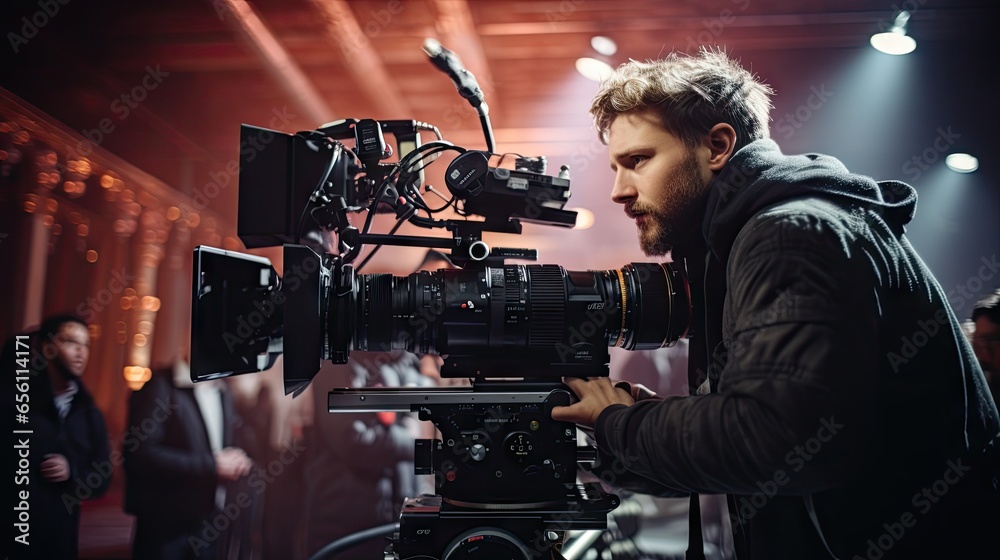 A man, dressed in black, is adjusting a camera while on the job A man, dressed in black, is adjusting a camera while on the job