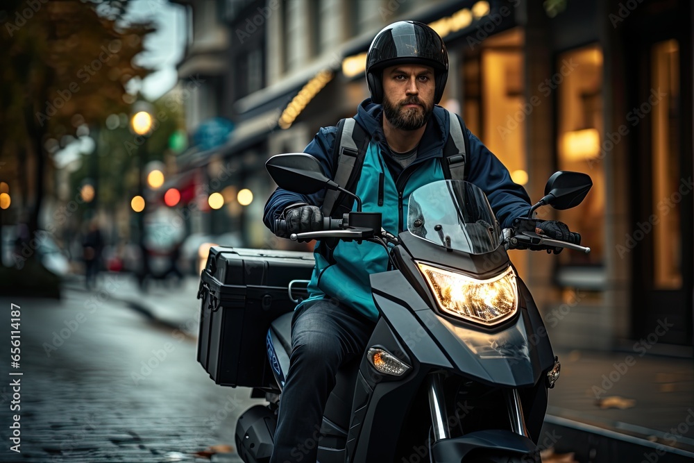 A rider on a motorcycle carrying a box on the back of the vehicle. Calling for food concept A rider on a motorcycle carrying a box on the back of the vehicle. Calling for food concept