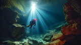 Diver exploring underwater cave. 3d rendering, cave diving, extreme adventure underwater, landscape under water fog
