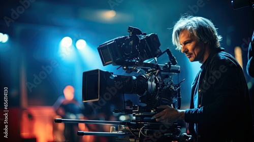 A man, dressed in black, is adjusting a camera while on the job