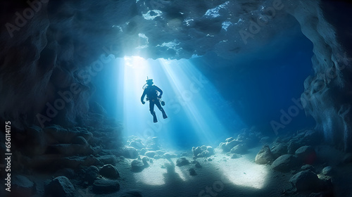 Diver exploring underwater cave. 3d rendering, cave diving, extreme adventure underwater, landscape under water fog © Canities