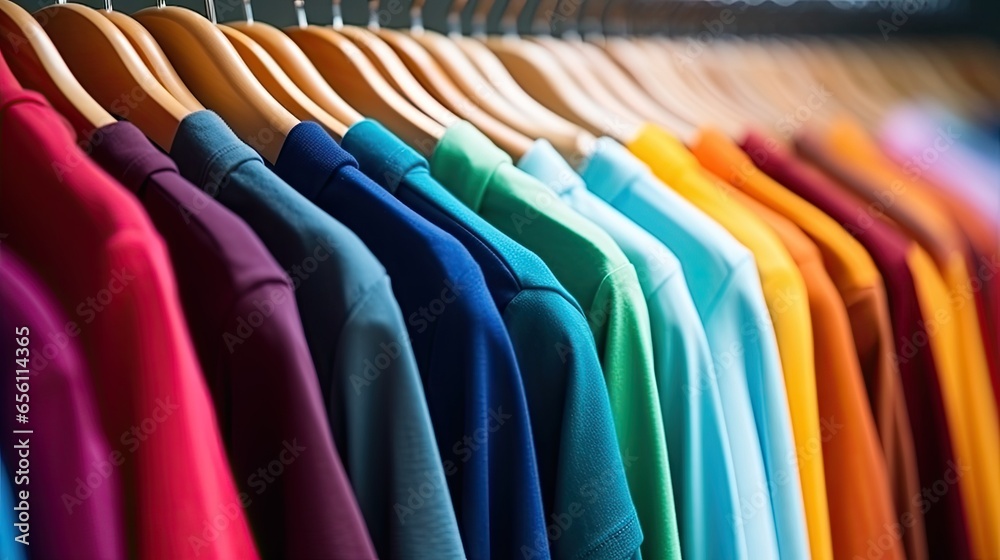 A variety of vibrant shirts on hangers in a clothing store.