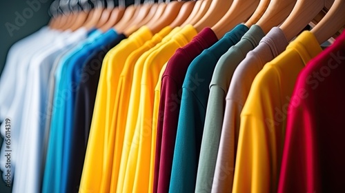A variety of vibrant shirts on hangers in a clothing store.