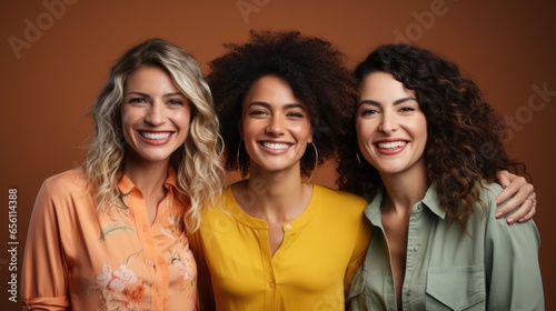 A group of women from different ethnic backgrounds, standing together and smiling.