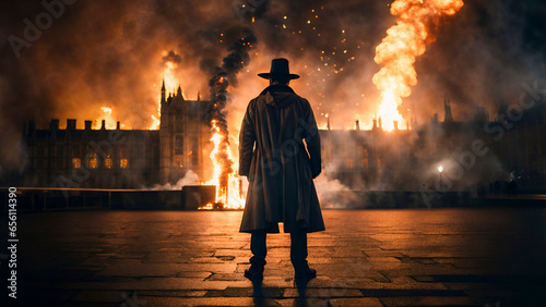 Anarchy concept of a Guy Fawkes style character standing in front of a burning building or the houses of parliament