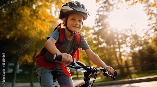 A young boy, wearing protective headgear, enjoys a bike ride