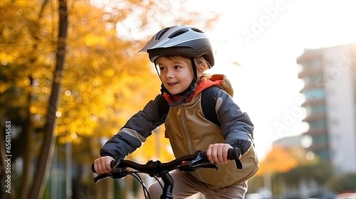 A young boy wearing a helmet is cycling,enjoys a bike ride, demonstrating his commitment to safety.