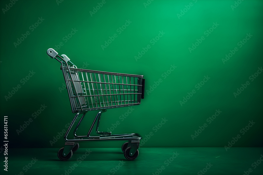 Empty shopping cart isolated on green background with copyspace. Cyber Monday, Black Friday, commerce, Sale buy mall market shop consumer concept Empty shopping cart isolated on green background with copyspace. Cyber Monday, Black Friday, commerce, Sale buy mall market shop consumer concept