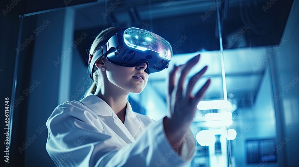 A female scientist wearing VR glasses in a laboratory, immersed in a virtual world.