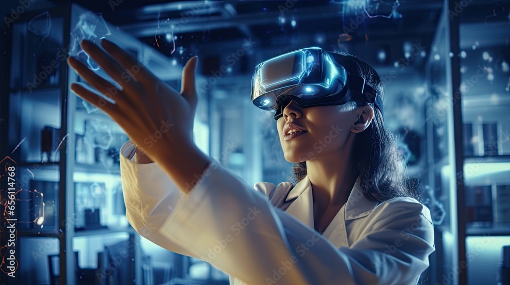 A female scientist wearing VR glasses in a laboratory, immersed in a virtual world. - obrazy, fototapety, plakaty 