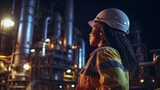 A black African woman engineer wearing a hard hat and safety glasses stands confidently