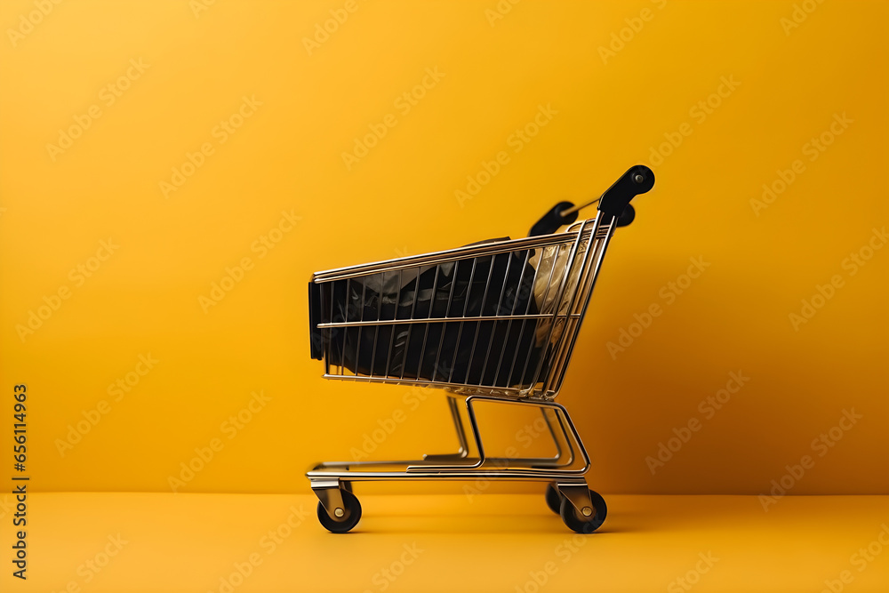 Empty shopping cart isolated on yellow background with copyspace. Cyber Monday, Black Friday, commerce, Sale buy mall market shop consumer concept Empty shopping cart isolated on yellow background with copyspace. Cyber Monday, Black Friday, commerce, Sale buy mall market shop consumer concept