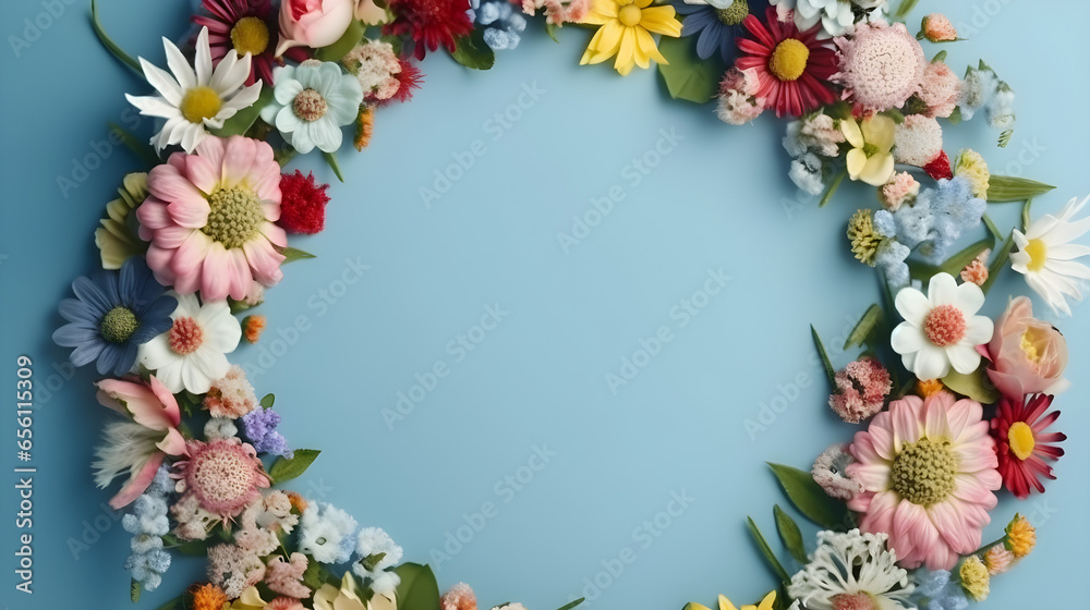 Flower frame on blue background. Flat lay, top view, for banner background